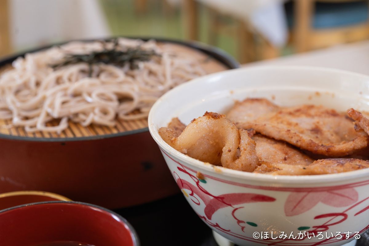 味噌豚丼のアップ。味噌だれの豚肉