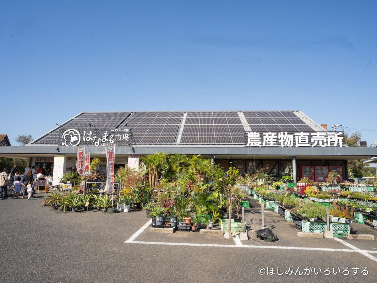 はなまる市場の農産物直売所。屋根に太陽光パネル