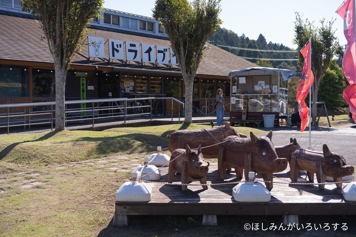 猟師工房ドライブインの建物と、イノシシの木彫り