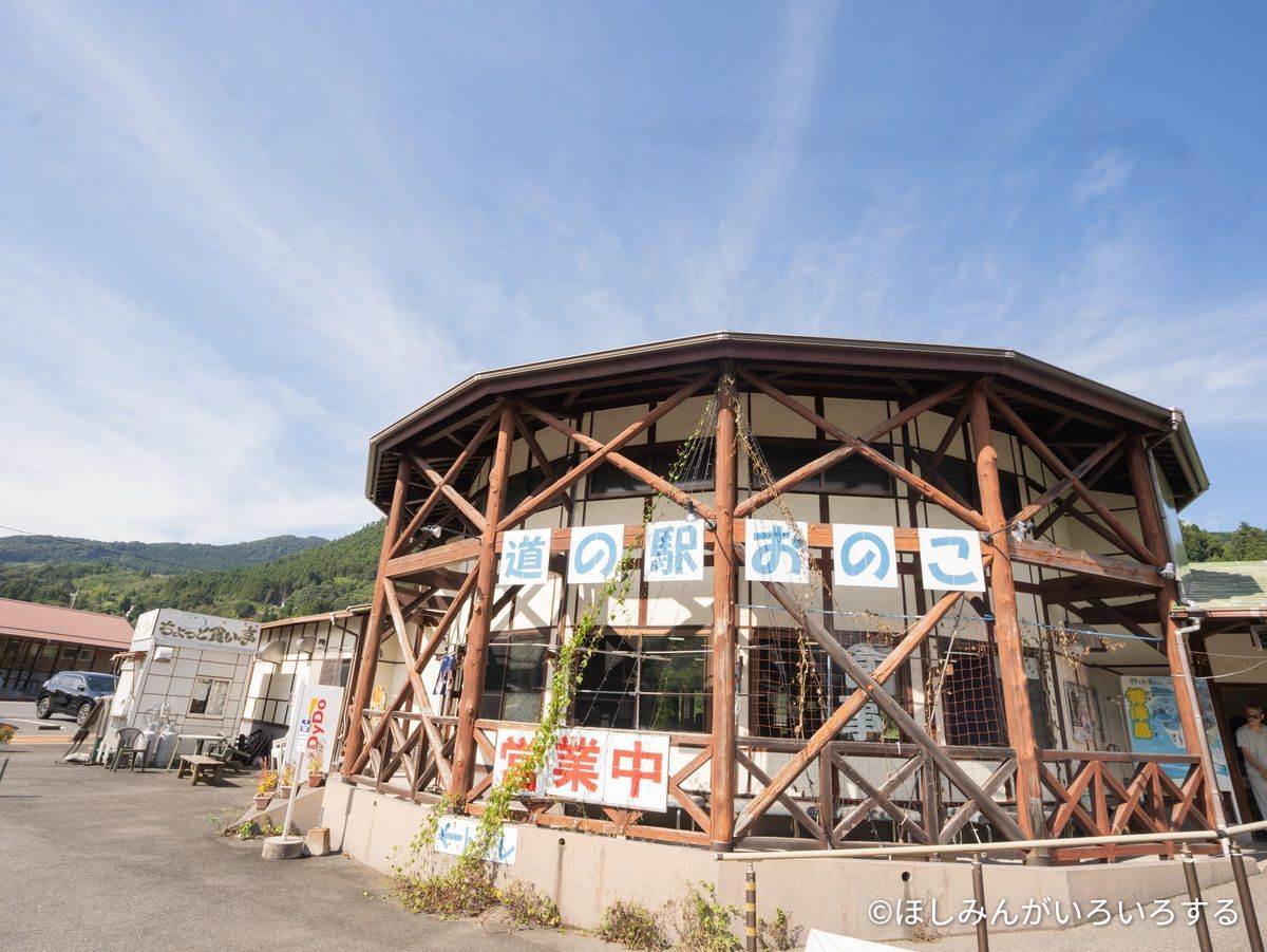 道の駅 おのこ。木組みの八角形の建物に「道の駅 おのこ」